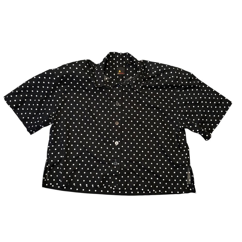 Lizsport Women’s L Short Sleeve Polka Dot Button-Up Shirt Black White